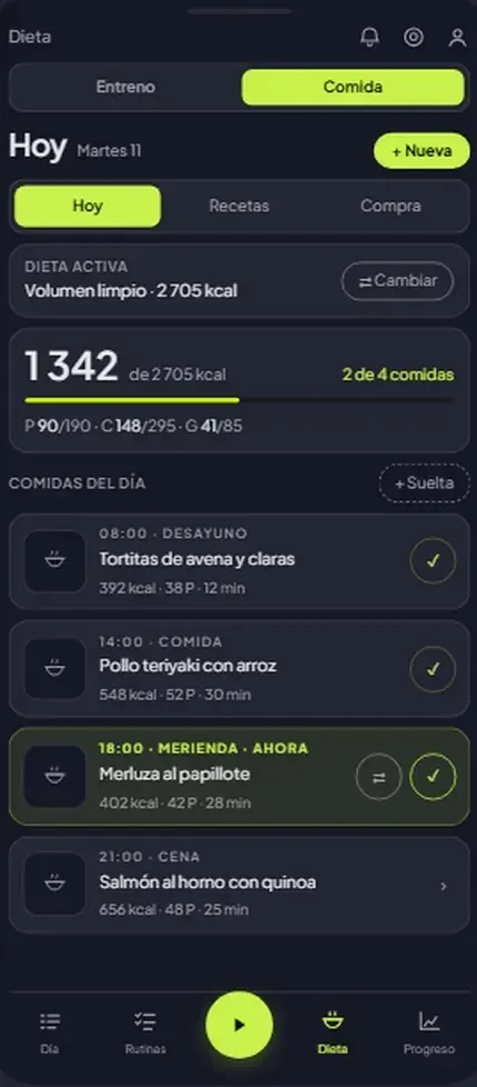 La aplicación ngym en un móvil, en la pantalla de dieta del día